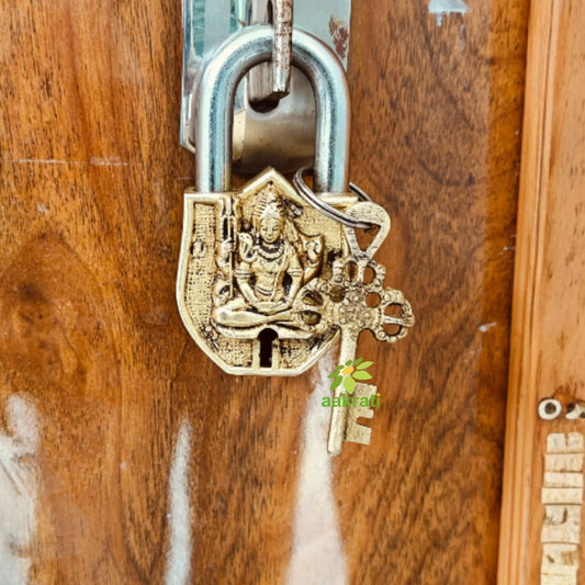 Brass Shiva Engraved Padlock with 2 Keys | Intricately Engraved Lock for Home Décor & Spiritual Gifting | Handcrafted Brass Padlock Aakrati