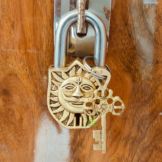 Handcrafted Brass Sun Face Padlock | Antique Finish Lock & Keys | Handcrafted Brass Sun Face Padlock