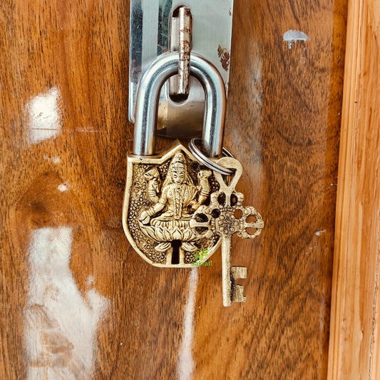 Laxmi Face Design Brass Padlock | Brass Laxmi Face Engraved Padlock with 2 Keys | Handcrafted Brass Laxmi Face Padlock