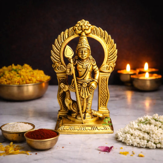 Traditional Brass Murugan Statue | Sacred Lord Kartikeya Hindu Statue | Brass Murugan Idol for Home (Yellow, 5.2 Inches) Aakrati