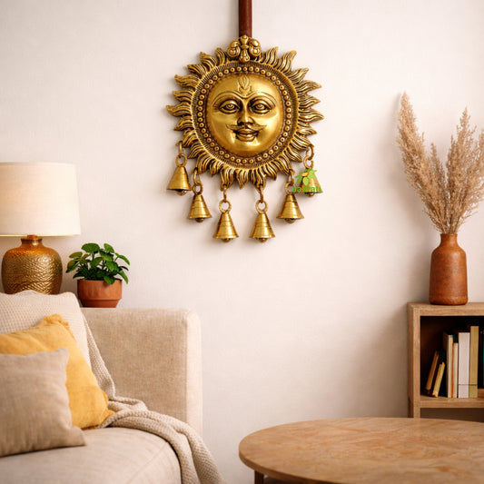 Brass Sun Face Wall Hanging with bells | Handcrafted Decorative Wall Hanging | Brass Sun Face Wall Hanging for Gifting (Yellow, 7 Inches)