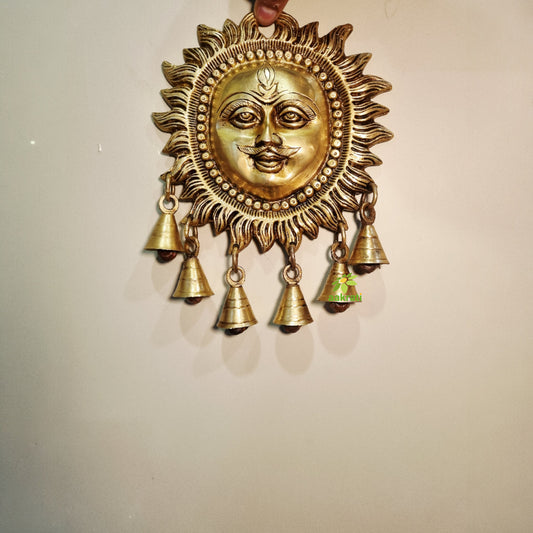 Brass Sun Face Wall Hanging with bells | Handcrafted Decorative Wall Hanging | Brass Sun Face Wall Hanging for Gifting (Yellow, 7 Inches)