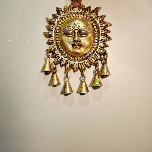 Brass Sun Face Wall Hanging with bells | Handcrafted Decorative Wall Hanging | Brass Sun Face Wall Hanging for Gifting (Yellow, 7 Inches) Aakrati