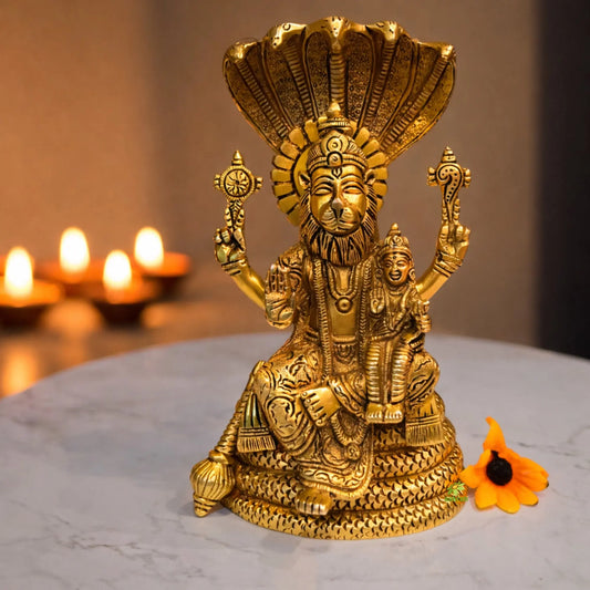 Brass Narasimha Idol | Premium Handcrafted Brass Narasimha Idol | Brass Narasimha Idol for Pooja & Temple (Yellow, 8 Inches) Aakrati