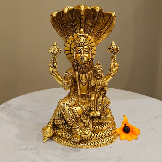 Brass Narasimha Idol | Premium Handcrafted Brass Narasimha Idol | Brass Narasimha Idol for Pooja & Temple (Yellow, 8 Inches)