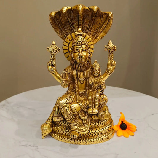 Brass Narasimha Idol | Premium Handcrafted Brass Narasimha Idol | Brass Narasimha Idol for Pooja & Temple (Yellow, 8 Inches) Aakrati