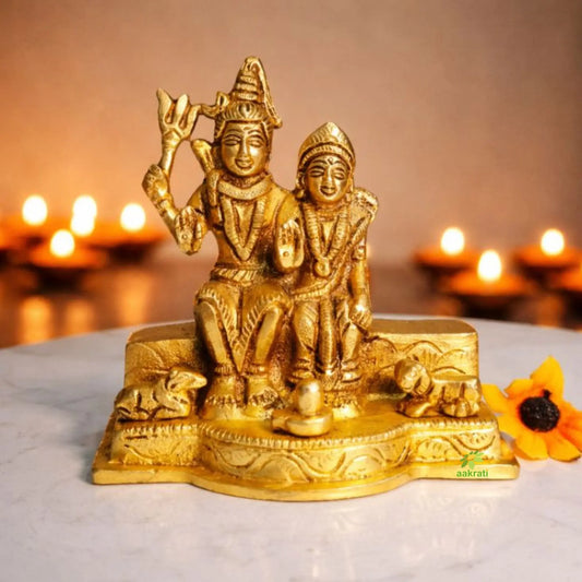 Brass Shiva Parvati Idol | Traditional Hindu Murti for Housewarming | Traditional Brass Shiva Parvati Murti (Yellow, 4.5 Inches) Aakrati
