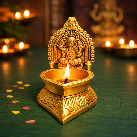 Brass Ganesh Diya for Pooja | Brass Oil Lamp | Brass Diya for Temple (Yellow, 4.2 Inches) Aakrati
