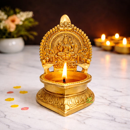Handcrafted Brass Kamkashi Diya | Brass Laxmi Diya for Pooja | Brass Oil Lamp (Yellow, 7 Inches)