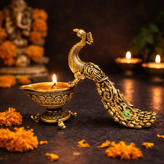 Brass Peacock Diya | Decorative Oil Lamp for Festive Lighting & Gifting | Light Weight Brass Diya (Yellow, 3 Inches) Ashopi