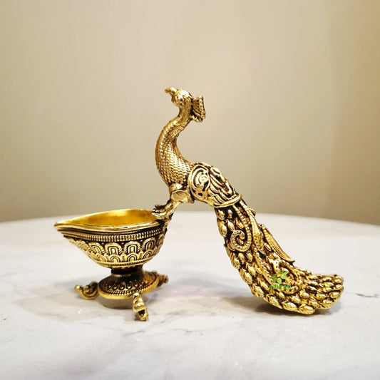 Brass Peacock Diya | Decorative Oil Lamp for Festive Lighting & Gifting | Light Weight Brass Diya (Yellow, 3 Inches) Ashopi
