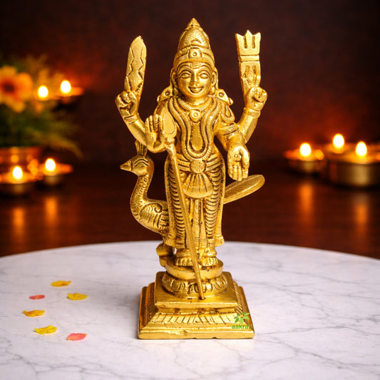 Brass Murugan Idol | Lord Kartikeya Hindu God Idol for Home | Murugan Murti (Yellow, 6 Inches)