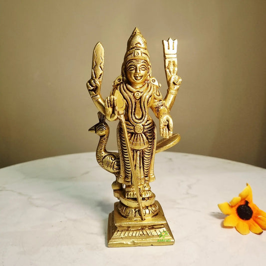 Brass Murugan Idol | Lord Kartikeya Hindu God Idol for Home | Murugan Murti (Yellow, 6 Inches) Aakrati