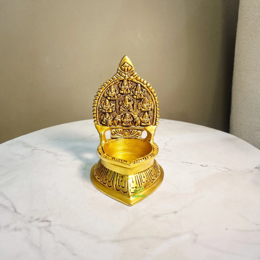 Brass Ashta Lakshmi Diya for Pooja | Ideal for Daily Worship & Festivals | Brass Ashta Lakshmi Diya Lamp (Yellow, 5 Inches) Ashopi