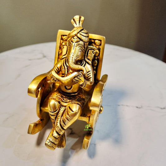 Brass Ganesh Statue | Sitting on chair for blessing & Prosperity | Brass Ganesha Murti|( Yellow, 4.5 inch)