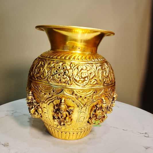 Brass Ashtalakshmi Kalash | 8 Lakshmi Devi Engraved Puja Kalash | Puja Kalash (Yellow, 7 Inch) Aakrati