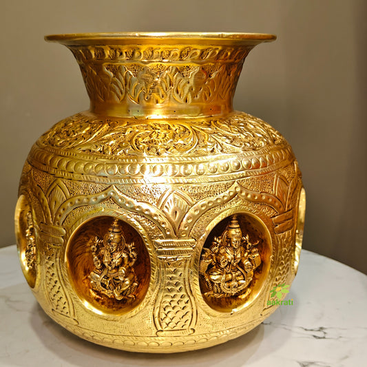 Brass Ashtalakshmi Puja Kalash | Traditional Brass Pooja Kalash | Pure Brass Kalash (Yellow, 7 Inches) Aakrati