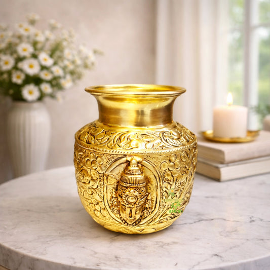 Brass Tirupati Balaji Mukha Puja Kalash | Spiritual Puja Pot for Mandir & Temple | Balaji Puja Kalash (Yellow, 5 Inches) Aakrati