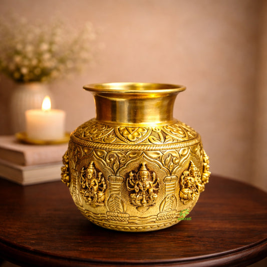 Brass Ashtalakshmi Kalash for Pooja | Auspicious Puja Kalash for Hindu Rituals | Brass Ashtalakshmi Kalash (Yellow, 5.5 Inches) Aakrati