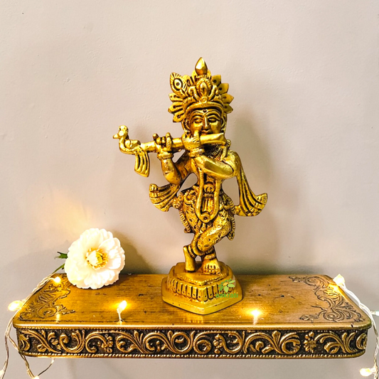 Brass Lord Krishna Idol for Home Temple| Flute Playing Krishna Idol for Pooja & Gifting (Yellow,5 Inches)