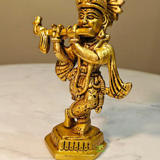 Brass Lord Krishna Idol for Home Temple| Flute Playing Krishna Idol for Pooja & Gifting (Yellow,5 Inches) Aakrati