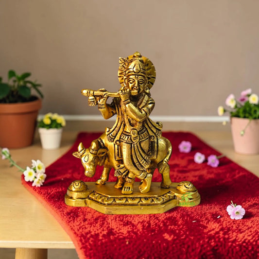 Decorative Brass Lord Krishna Cow Murti | Handcrafted Temple Idol for Home Décor | Antique Style Hindu God Murti for Pooja Room (Yellow, 4.4 Inches)