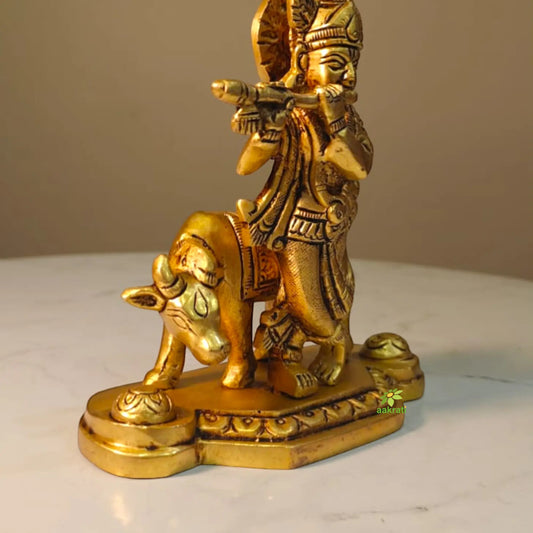 Decorative Brass Lord Krishna Cow Murti | Handcrafted Temple Idol for Home Décor | Antique Style Hindu God Murti for Pooja Room (Yellow, 4.4 Inches) Aakrati