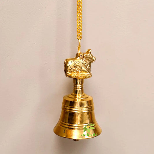 Decorative Brass Nandi Bell Hanging | Hindu Temple Ghanti for Mandir & Festive Décor | Ornamental Mandir Door Ghanti for Home Temple (Yellow, 5.5 Inches) Aakrati