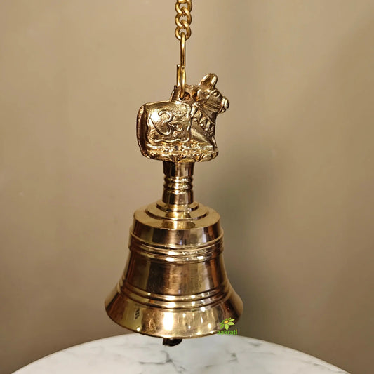 Decorative Brass Nandi Bell Hanging | Hindu Temple Ghanti for Mandir & Festive Décor | Ornamental Mandir Door Ghanti for Home Temple (Yellow, 5.5 Inches) Aakrati