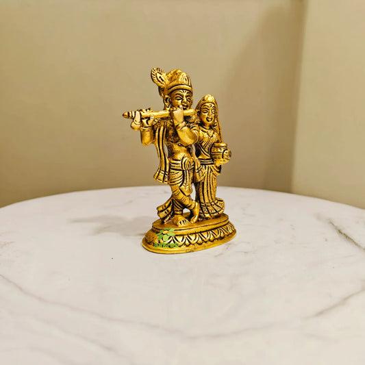 Premium Brass Radha Krishna Murti | Handcrafted Divine Couple Idol for Mandir | Traditional Hindu God Murti for Home Mandir (Yellow, 4.8 Inches) Aakrati