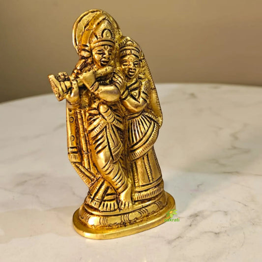 Premium Brass Radha Krishna Murti | Handcrafted Divine Couple Idol for Mandir | Traditional Hindu God Murti for Home Mandir (Yellow, 3.5 Inches) Aakrati