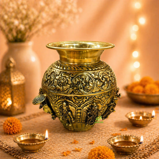 Brass Dashavatar Kalash | Brass Dashavatar Puja Kalash | Traditional Hindu Puja Vessel (Yellow, 6 Inches) Aakrati