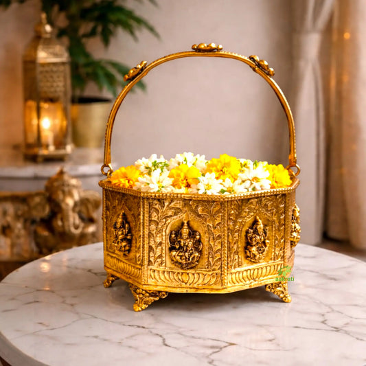 Traditional Brass Ashta Lakshmi Flower Basket | Decorative Pooja Basket for Mandir Décor| Traditional Religious Decor Item| Antique Finish Brass Ashtalakshmi Flower Basket | (Yellow,9 Inches) Aakrati