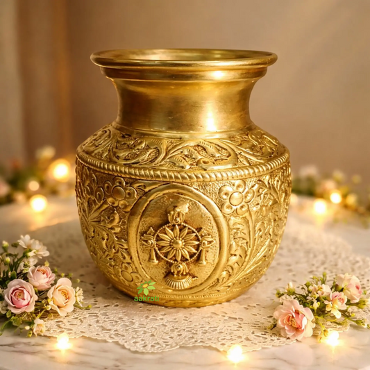 Pure Brass Shankh Chakra Namah Kalash for Pooja | Decorative Brass Kalash with Shankh Chakra Namah | Decorative Brass Kalash with Shankh Chakra Namah| Design for Hindu Pooja & Mandir Décor| (Yellow, 5 Inches) Aakrati