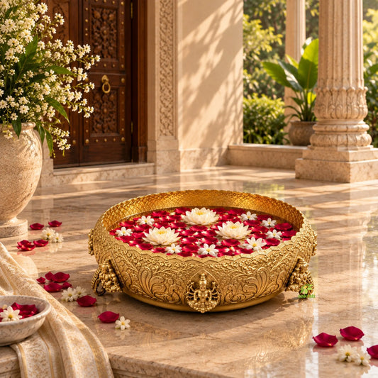 Ashtalakshmi Brass Urli | Premium Traditional Urli Bowl for Pooja, Diwali & Home Decoration | Traditional Lakshmi Decorative Urli (Yellow, 10.5 Inches)