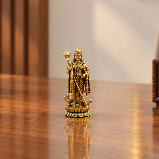 Brass Lord Murugan Idol | Subramanya Kartikeya Murti for Pooja Room, Home Temple & Spiritual Décor (Yellow, 2.5 Inches)