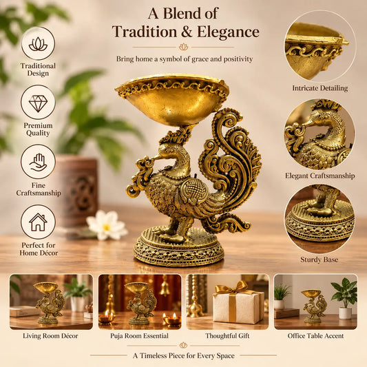 Brass Peacock Diya for Home Temple | Traditional Indian Oil Lamp | Pooja & Diwali Decoration (Yellow, 3 Inches)