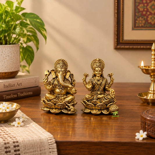 Brass Lakshmi Ganesh Idol | Laxmi Ganesh Murti for Pooja, Home Temple, Diwali & Decoration | Brass Lakshmi Ganesh Murti (Yellow, 2.5 Inches)