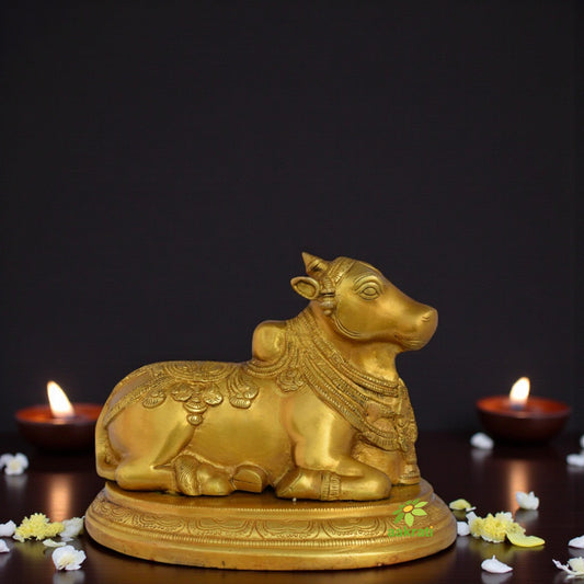 Handmade Brass Nandi Murti | Perfect for Pooja Room and Spiritual Decor | Brass Nandi Murti ( Yellow, 8.5 inch) Aakrati