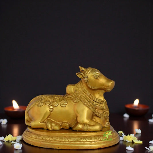 Handmade Brass Nandi Murti | Perfect for Pooja Room and Spiritual Decor | Brass Nandi Murti ( Yellow, 8.5 inch) Aakrati