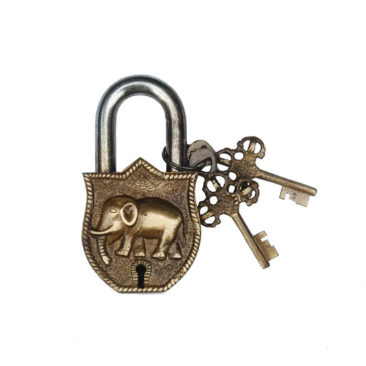 Antique Brass Padlock | Handcrafted Indian Home Decor | Premium Brass Elephant Padlock ( Brown, 4.5 inch) Aakrati