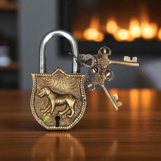 Handmade Brass Padlock | Antique Design for Doors and Gates | Traditional Designer Padlock ( Yellow, 4.5 inch) Aakrati