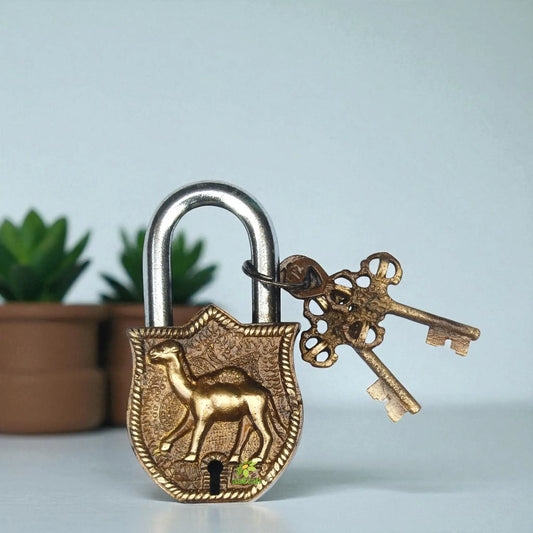 Handcrafted Brass Padlock | Antique Elegance for Home Security | Brass Antique Padlock ( Yellow, 4.5 inch) Aakrati