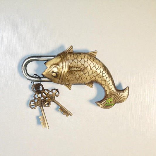 Handcrafted Brass Antique Padlock | Vintage Security for Your Home | Brass Fish Shape Padlock ( Yellow, 3.5 inch) Aakrati
