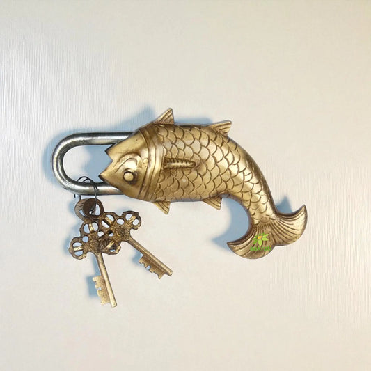 Handcrafted Brass Antique Padlock | Vintage Security for Your Home | Brass Fish Shape Padlock ( Yellow, 3.5 inch) Aakrati