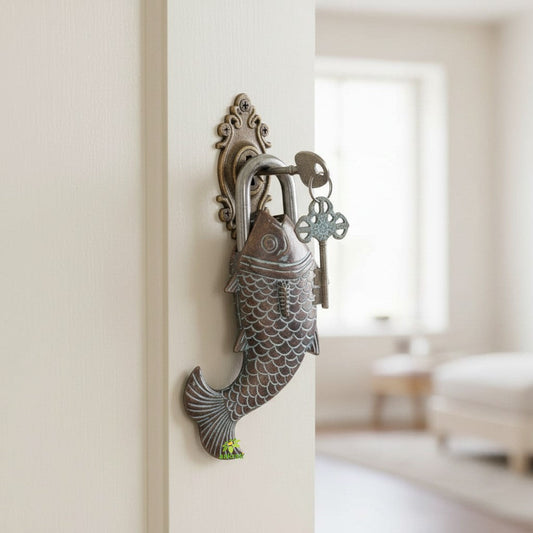 Handcrafted Brass Antique Padlock | Vintage Security for Your Home | Brass Fish Shape Padlock ( Yellow, 3.5 inch) Aakrati