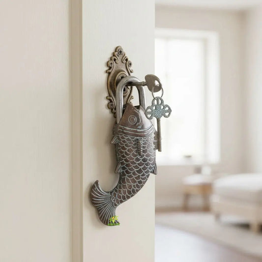 Handcrafted Brass Antique Padlock | Vintage Security for Your Home | Brass Fish Shape Padlock ( Yellow, 3.5 inch) Aakrati