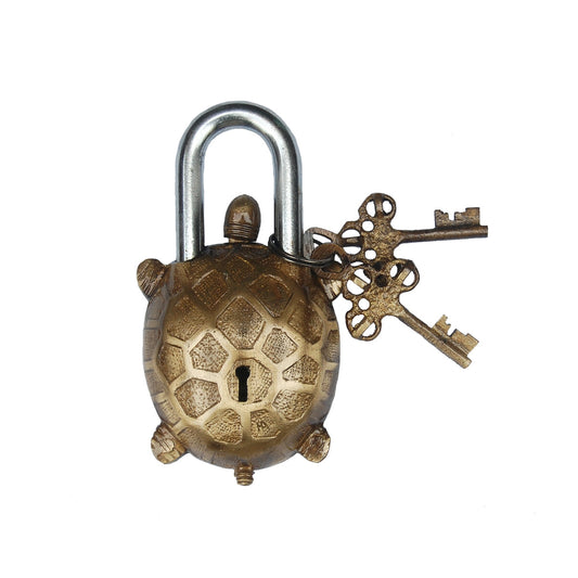 Vintage Brass Handmade Padlock | Classic Security with Timeless Style | Brass Tortoise Shape Antique Padlock ( Yellow, 5 inch) Aakrati