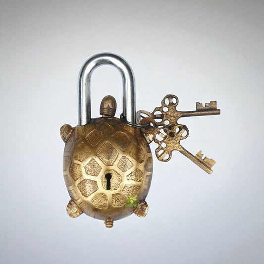 Vintage Brass Handmade Padlock | Classic Security with Timeless Style | Brass Tortoise Shape Antique Padlock ( Yellow, 5 inch) Aakrati