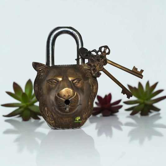 Antique Brass Lion Padlock | Handcrafted Security for Royal Homes | Luxury Brass Padlock ( Brown, 5.2 inch) Aakrati